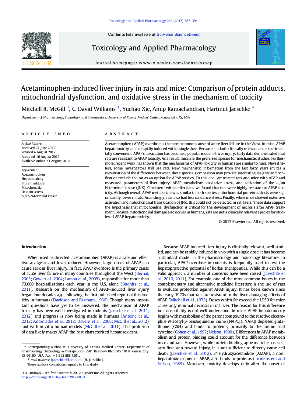 Acetaminophen-induced liver injury in rats and mice: Comparison of protein adducts, mitochondrial dysfunction, and oxidative stress in the mechanism of toxicity