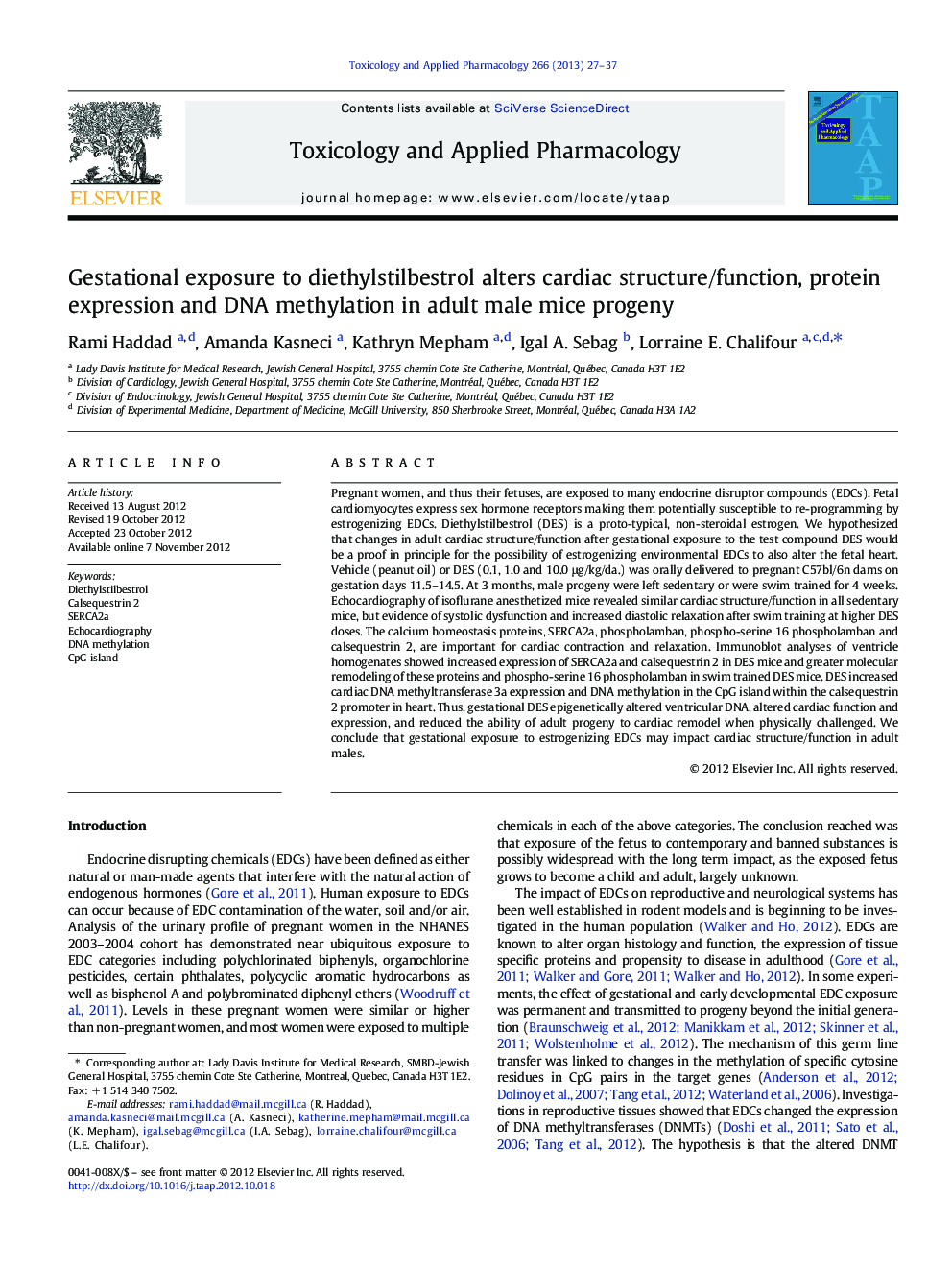 Gestational exposure to diethylstilbestrol alters cardiac structure/function, protein expression and DNA methylation in adult male mice progeny