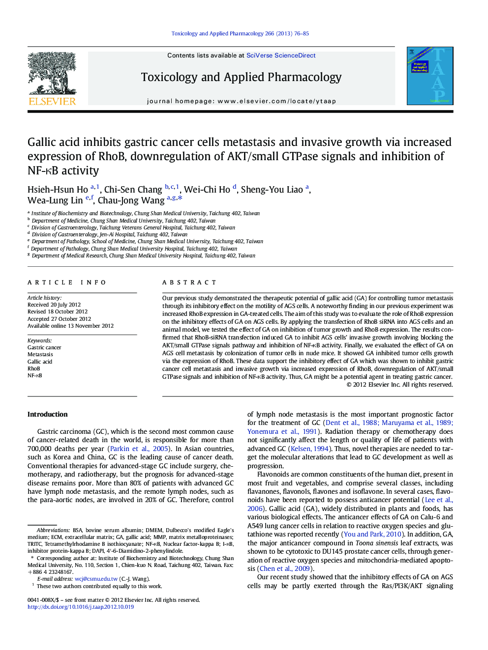 Gallic acid inhibits gastric cancer cells metastasis and invasive growth via increased expression of RhoB, downregulation of AKT/small GTPase signals and inhibition of NF-κB activity