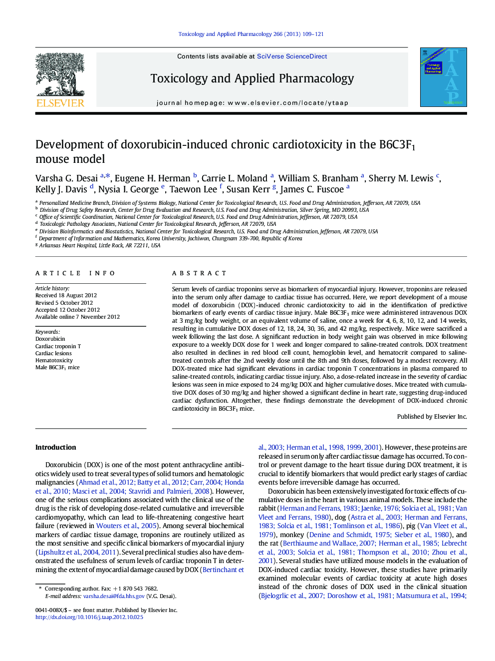 Development of doxorubicin-induced chronic cardiotoxicity in the B6C3F1 mouse model