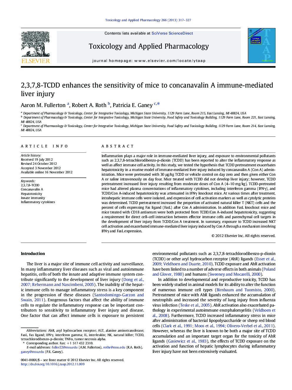 2,3,7,8-TCDD enhances the sensitivity of mice to concanavalin A immune-mediated liver injury