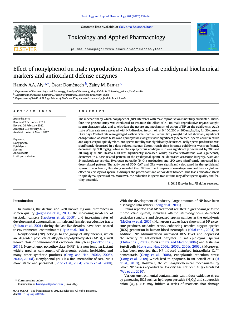 Effect of nonylphenol on male reproduction: Analysis of rat epididymal biochemical markers and antioxidant defense enzymes