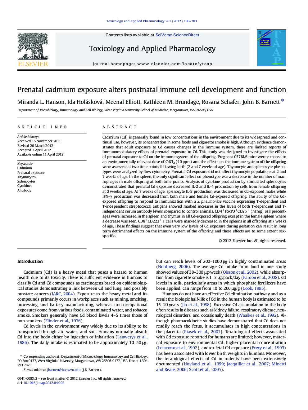 Prenatal cadmium exposure alters postnatal immune cell development and function