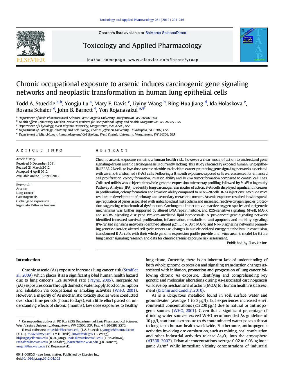 Chronic occupational exposure to arsenic induces carcinogenic gene signaling networks and neoplastic transformation in human lung epithelial cells