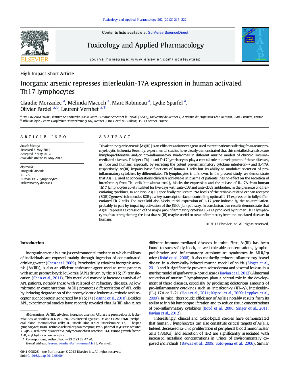 Inorganic arsenic represses interleukin-17A expression in human activated Th17 lymphocytes