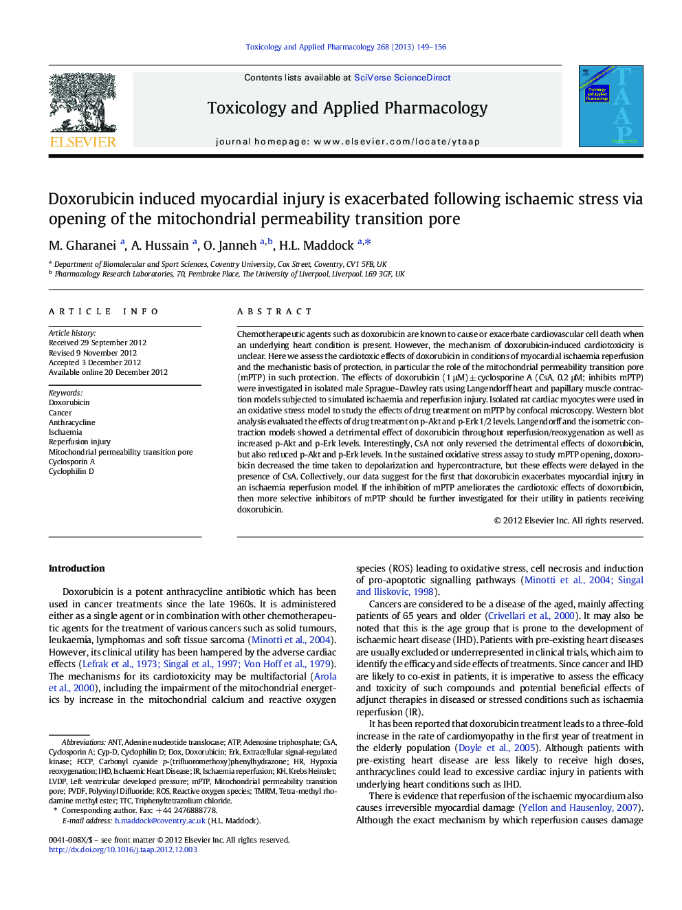 Doxorubicin induced myocardial injury is exacerbated following ischaemic stress via opening of the mitochondrial permeability transition pore