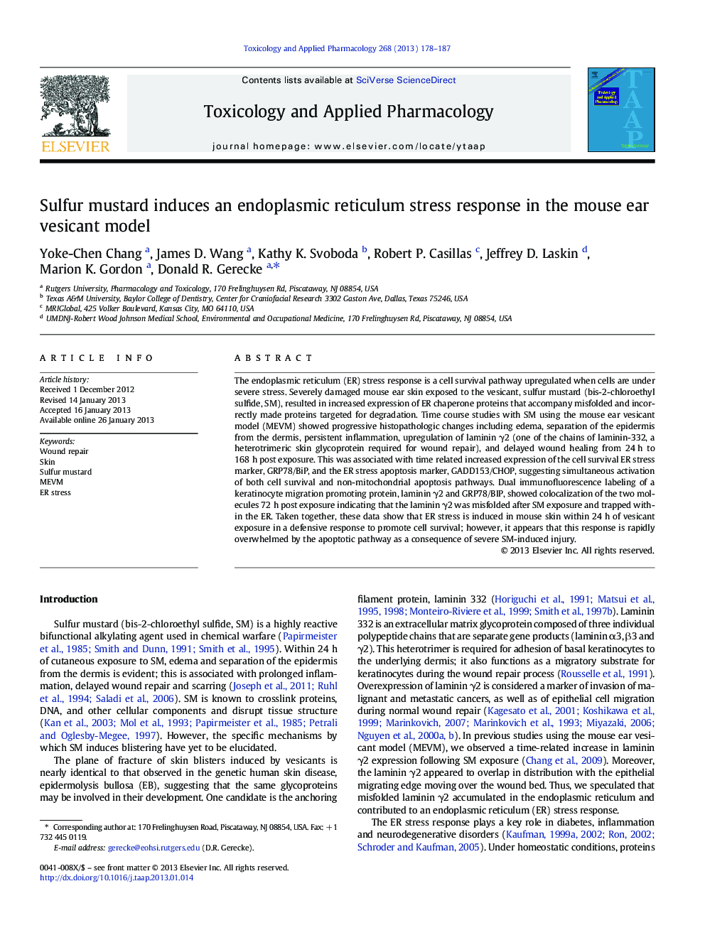 Sulfur mustard induces an endoplasmic reticulum stress response in the mouse ear vesicant model