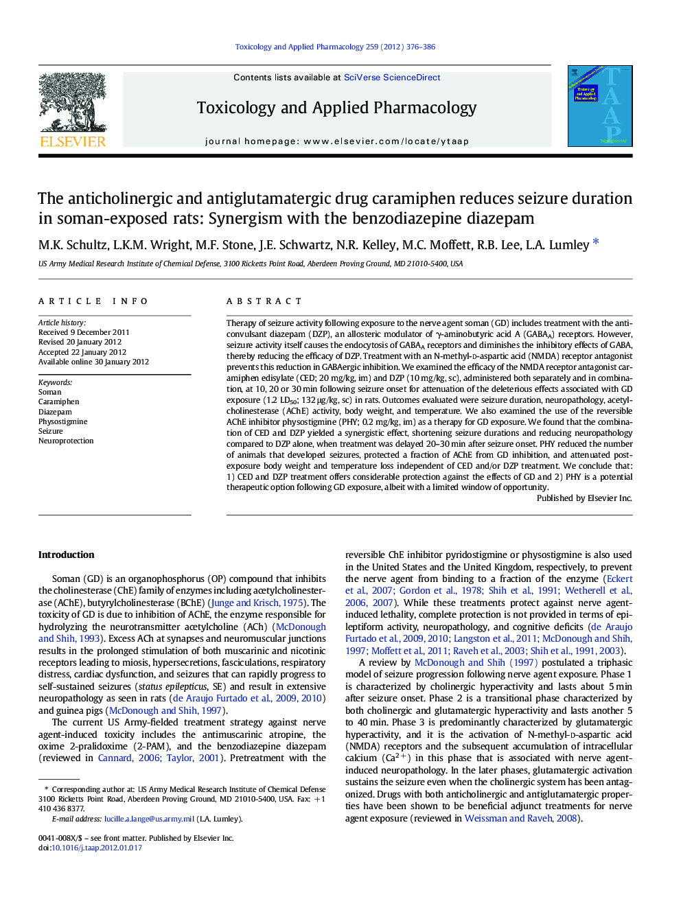 The anticholinergic and antiglutamatergic drug caramiphen reduces seizure duration in soman-exposed rats: Synergism with the benzodiazepine diazepam