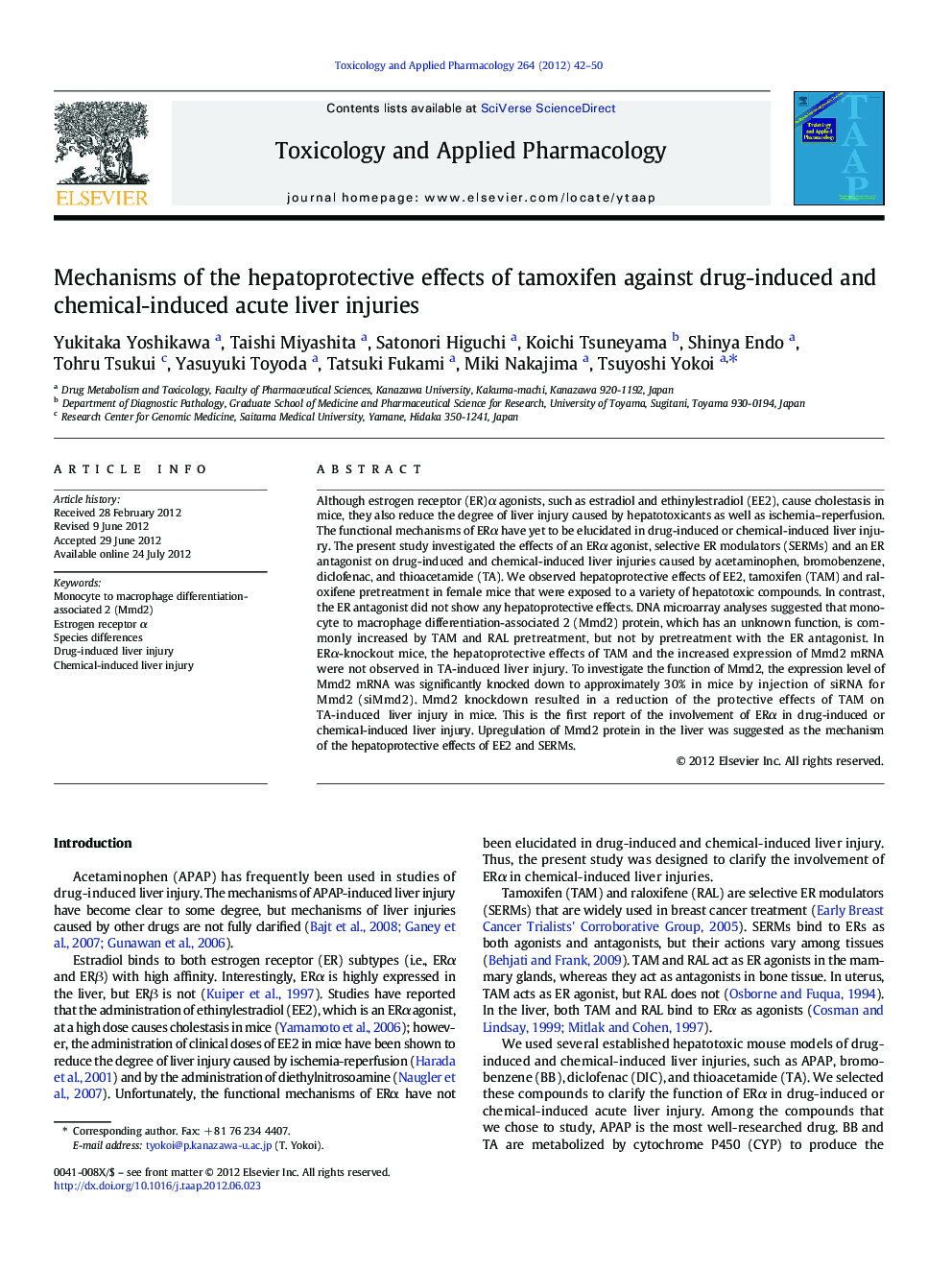 Mechanisms of the hepatoprotective effects of tamoxifen against drug-induced and chemical-induced acute liver injuries