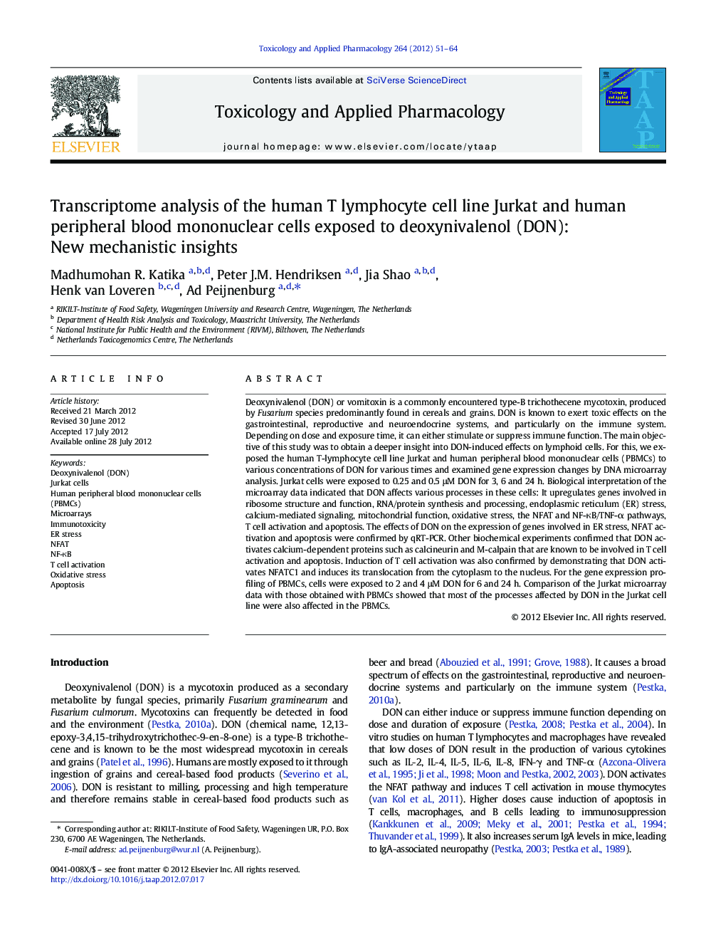 عکس صفحه اول مقاله: Transcriptome analysis of the human T lymphocyte cell line Jurkat and human peripheral blood mononuclear cells exposed to deoxynivalenol (DON): New mechanistic insights Transcriptome analysis of the human T lymphocyte cell line Jurkat and human peripheral blood mononuclear cells exposed to deoxynivalenol (DON): New mechanistic insights