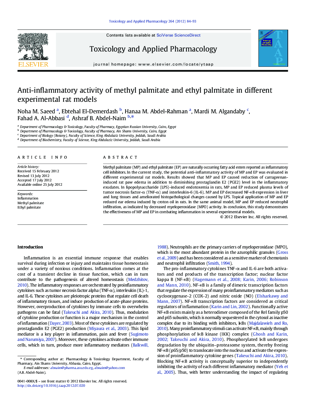 Anti-inflammatory activity of methyl palmitate and ethyl palmitate in different experimental rat models