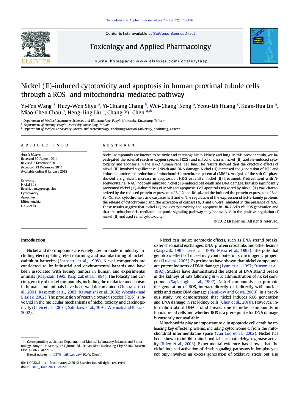 Nickel (II)-induced cytotoxicity and apoptosis in human proximal tubule cells through a ROS- and mitochondria-mediated pathway