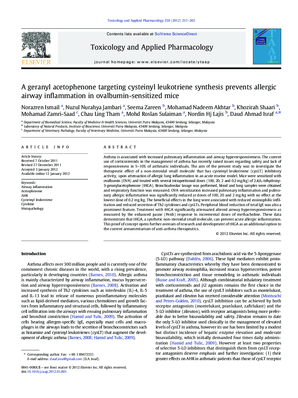 A geranyl acetophenone targeting cysteinyl leukotriene synthesis prevents allergic airway inflammation in ovalbumin-sensitized mice