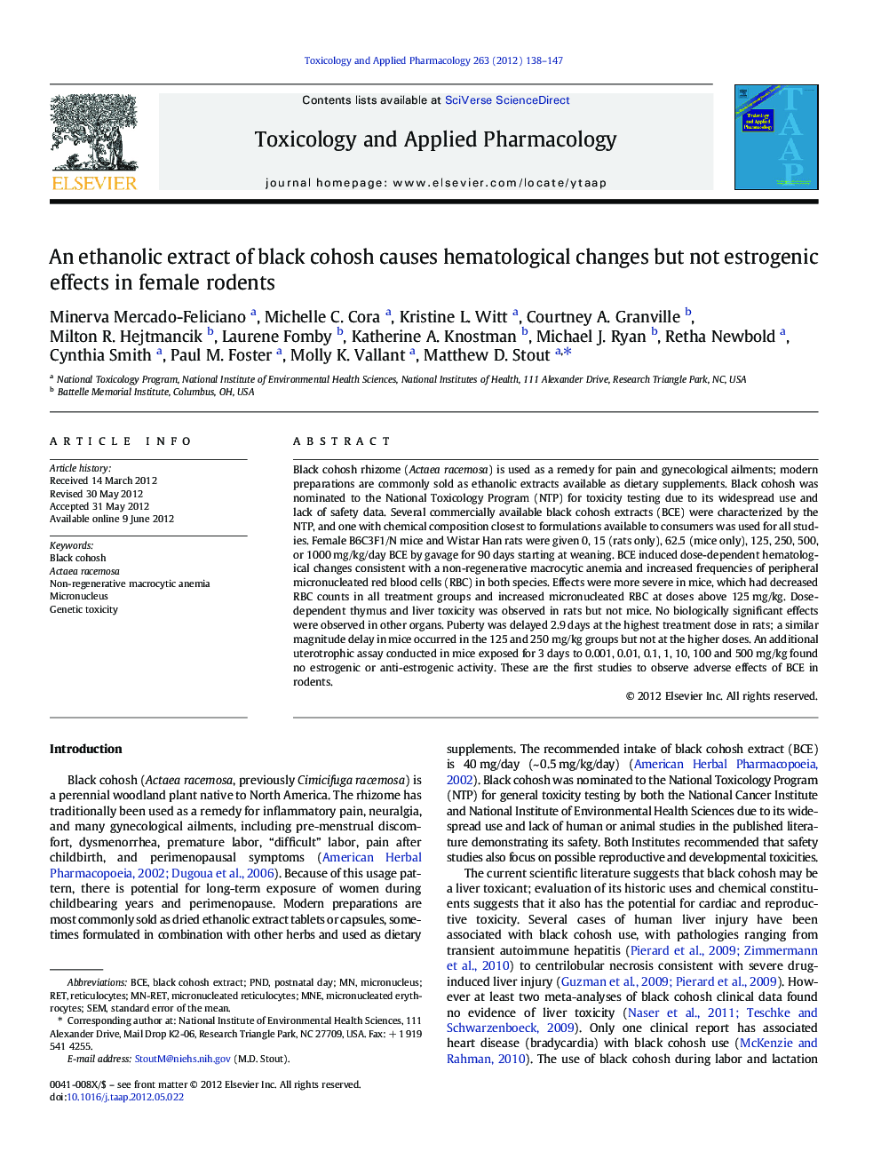 An ethanolic extract of black cohosh causes hematological changes but not estrogenic effects in female rodents