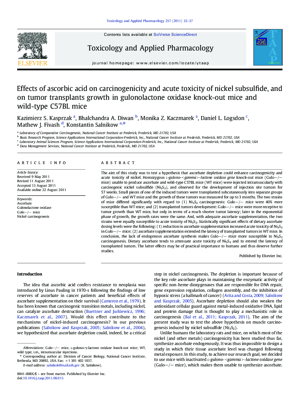 Effects of ascorbic acid on carcinogenicity and acute toxicity of nickel subsulfide, and on tumor transplants growth in gulonolactone oxidase knock-out mice and wild-type C57BL mice