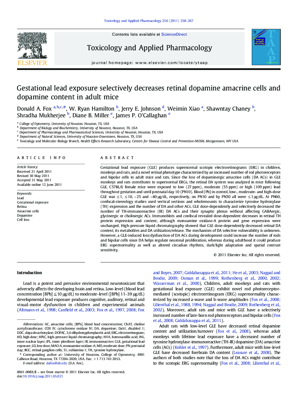 Gestational lead exposure selectively decreases retinal dopamine amacrine cells and dopamine content in adult mice