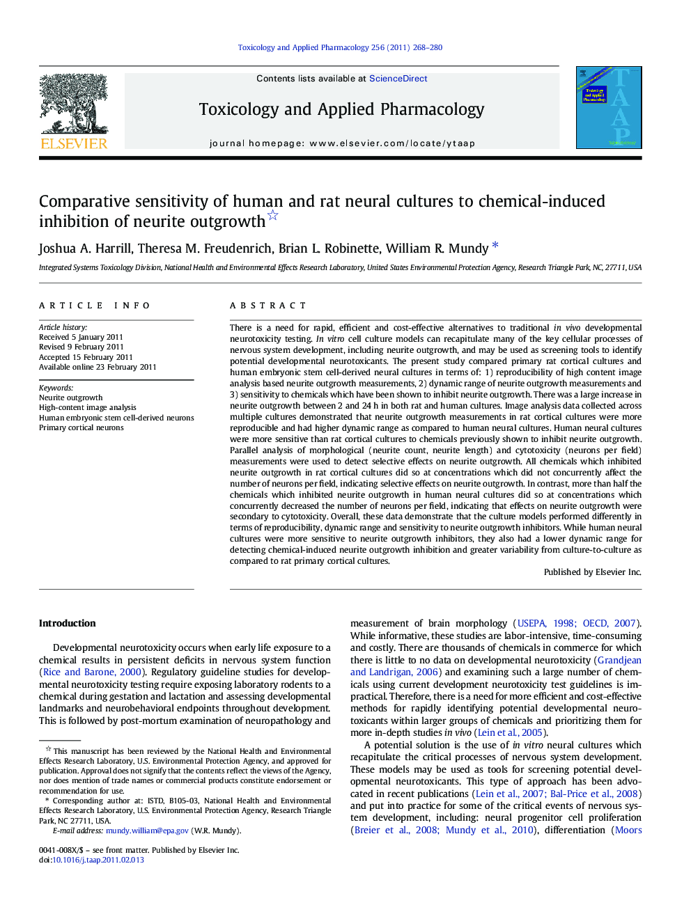 Comparative sensitivity of human and rat neural cultures to chemical-induced inhibition of neurite outgrowth 