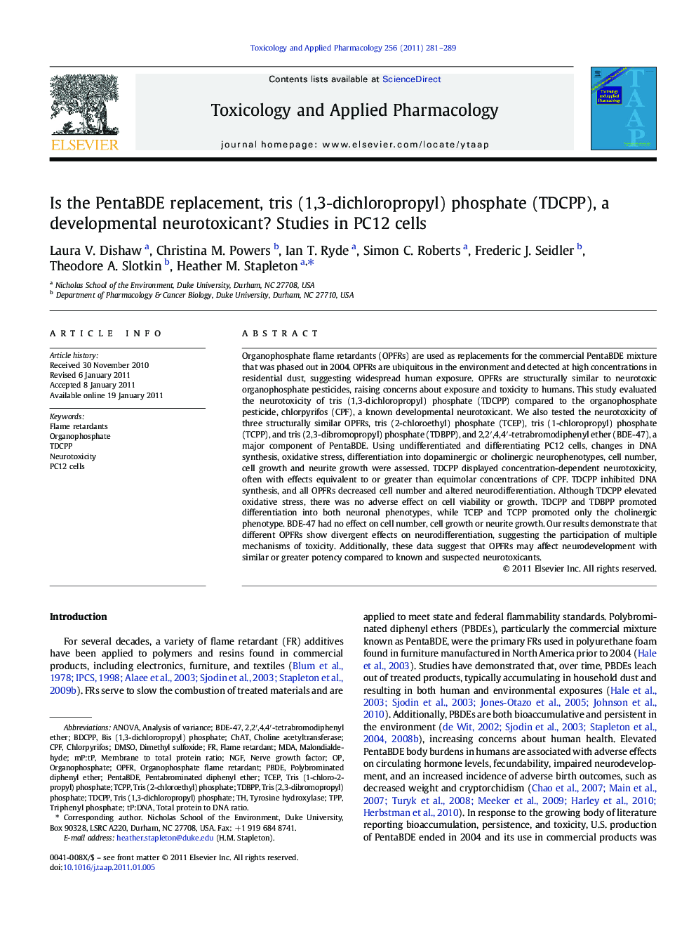 Is the PentaBDE replacement, tris (1,3-dichloro-2-propyl) phosphate (TDCPP), a developmental neurotoxicant? Studies in PC12 cells