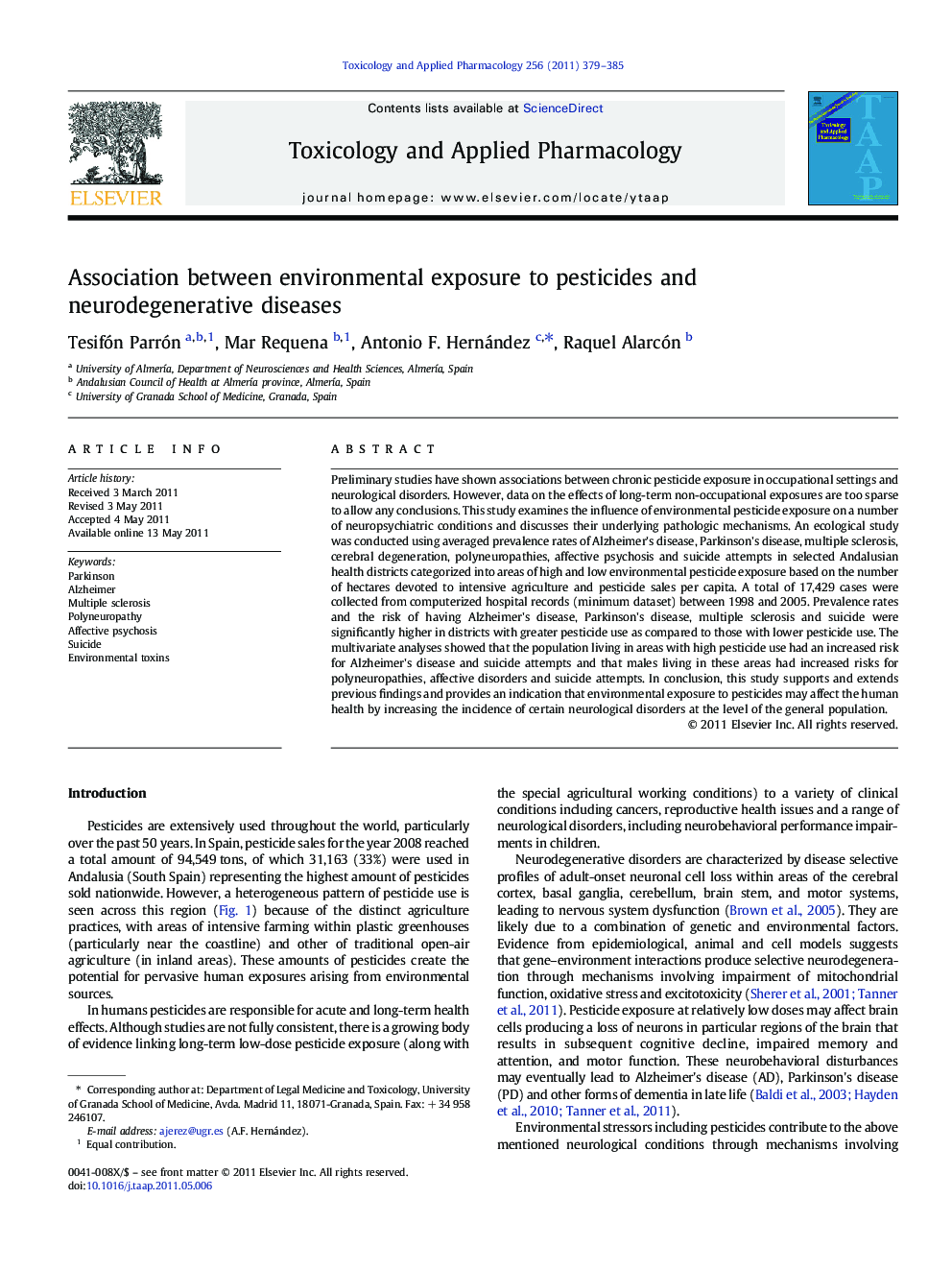 Association between environmental exposure to pesticides and neurodegenerative diseases