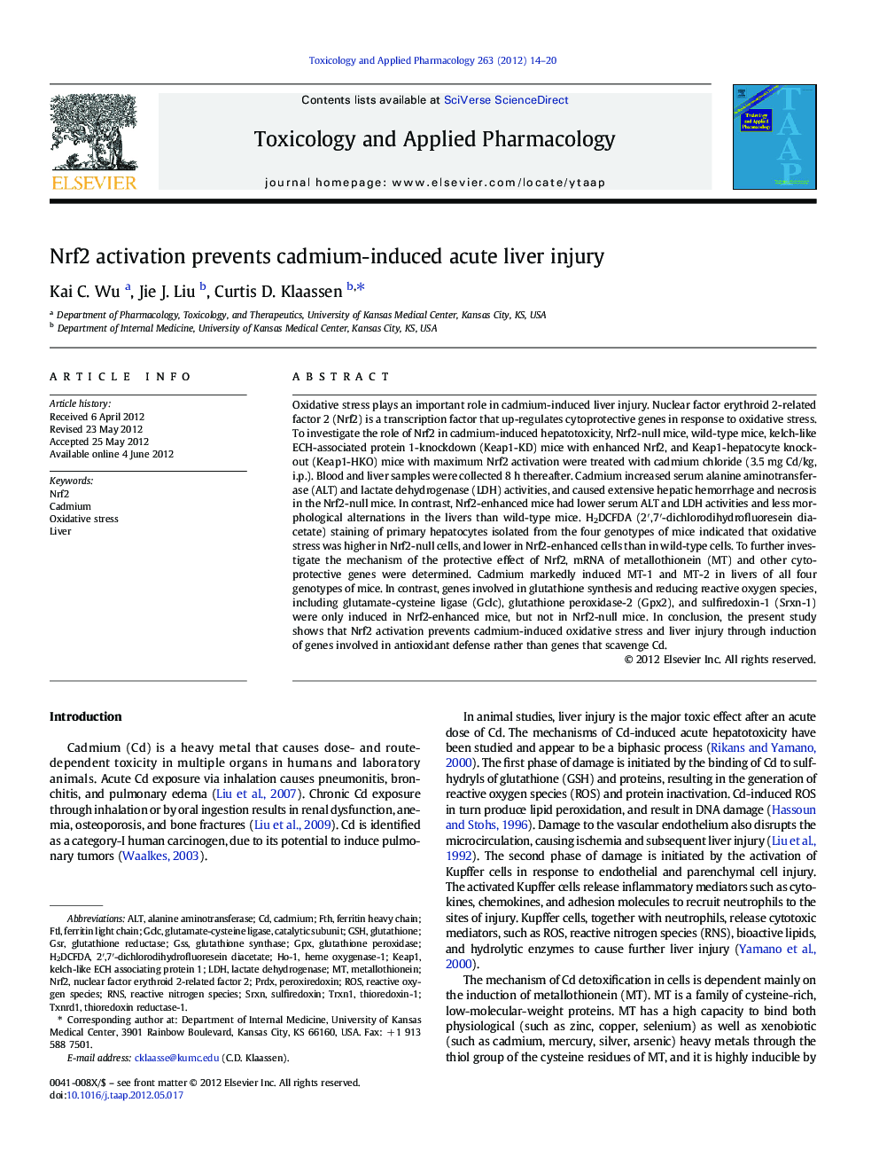 Nrf2 activation prevents cadmium-induced acute liver injury