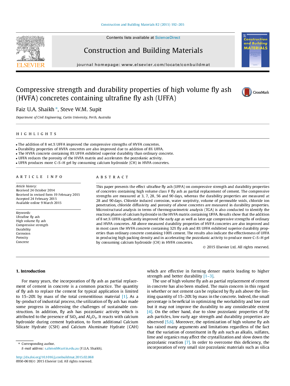 Compressive strength and durability properties of high volume fly ash (HVFA) concretes containing ultrafine fly ash (UFFA)