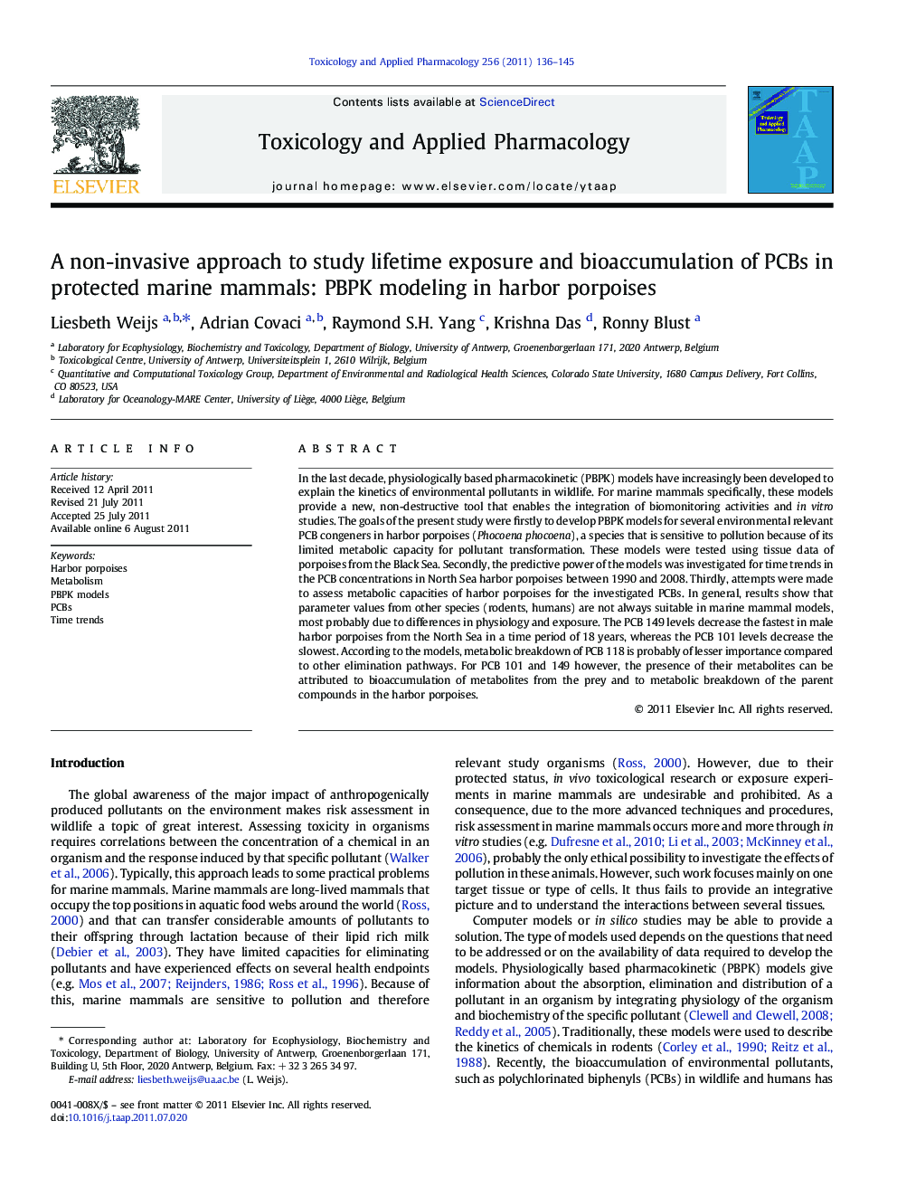 A non-invasive approach to study lifetime exposure and bioaccumulation of PCBs in protected marine mammals: PBPK modeling in harbor porpoises