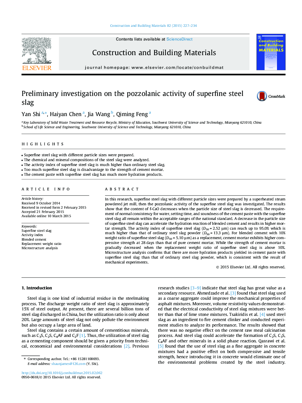 Preliminary investigation on the pozzolanic activity of superfine steel slag