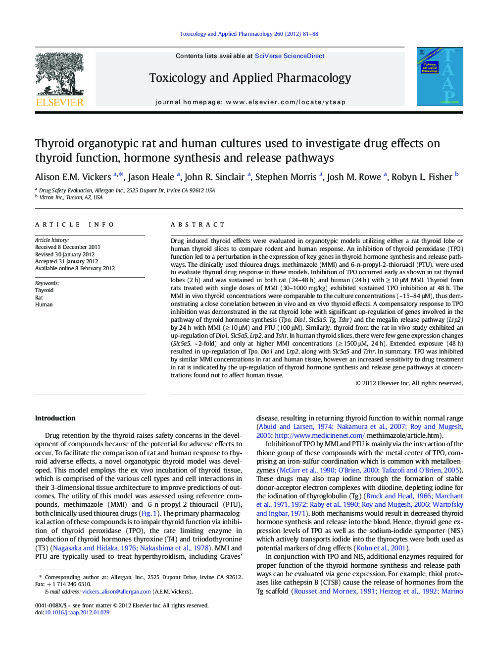 عکس صفحه اول مقاله: Thyroid organotypic rat and human cultures used to investigate drug effects on thyroid function, hormone synthesis and release pathways Thyroid organotypic rat and human cultures used to investigate drug effects on thyroid function, hormone synthesis and release pathways