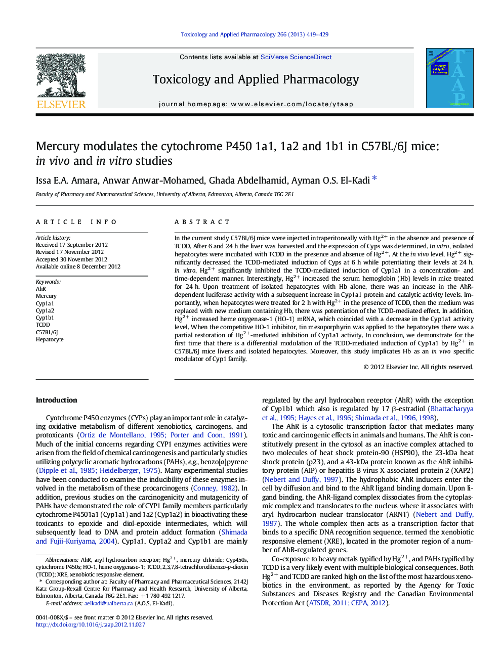 Mercury modulates the cytochrome P450 1a1, 1a2 and 1b1 in C57BL/6J mice: in vivo and in vitro studies