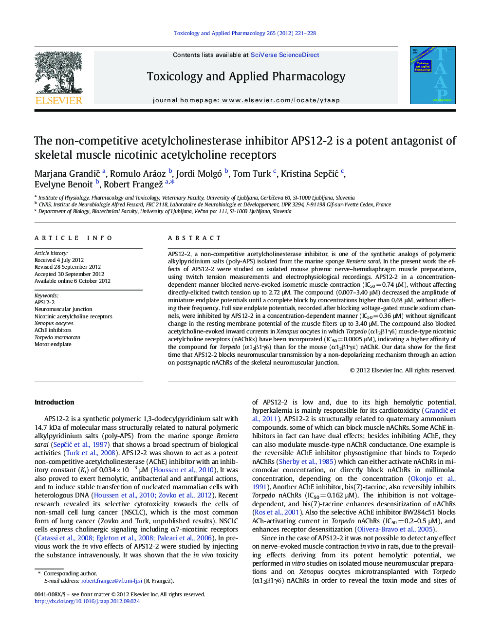 The non-competitive acetylcholinesterase inhibitor APS12-2 is a potent antagonist of skeletal muscle nicotinic acetylcholine receptors