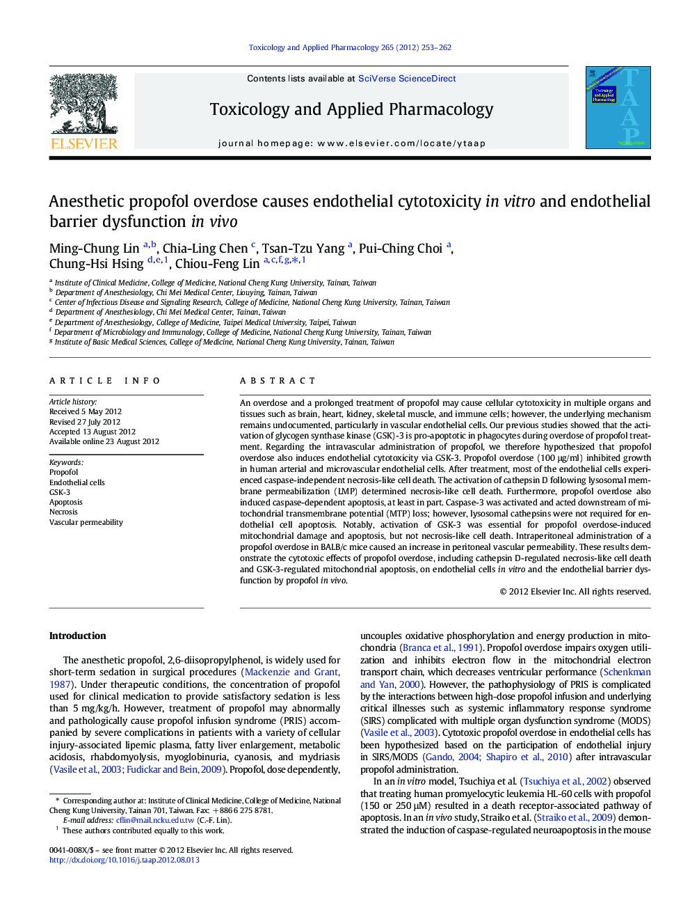 Anesthetic propofol overdose causes endothelial cytotoxicity in vitro and endothelial barrier dysfunction in vivo