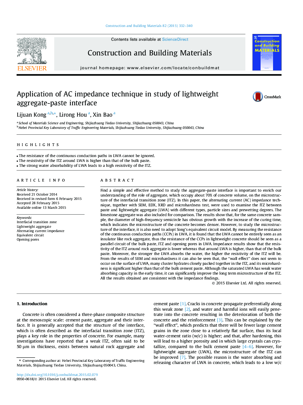 Application of AC impedance technique in study of lightweight aggregate-paste interface