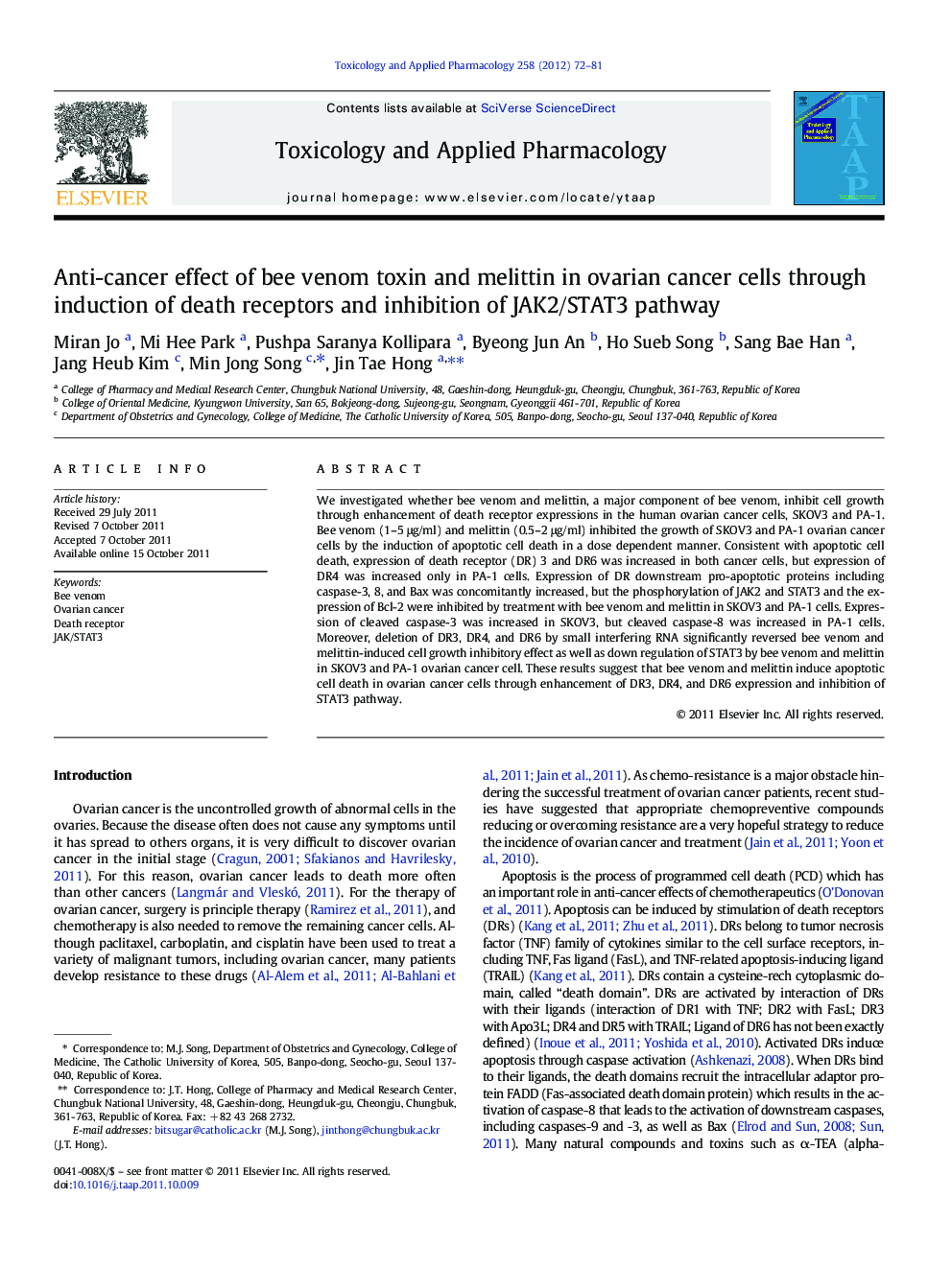 Anti-cancer effect of bee venom toxin and melittin in ovarian cancer cells through induction of death receptors and inhibition of JAK2/STAT3 pathway