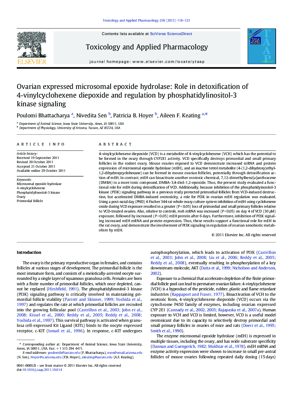 Ovarian expressed microsomal epoxide hydrolase: Role in detoxification of 4-vinylcyclohexene diepoxide and regulation by phosphatidylinositol-3 kinase signaling