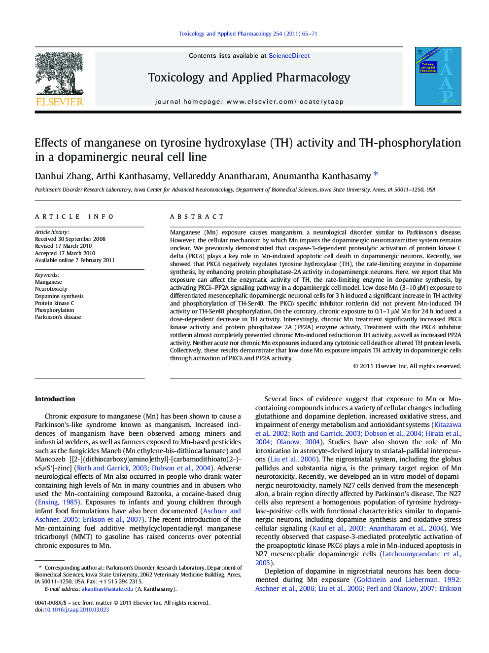 Effects of manganese on tyrosine hydroxylase (TH) activity and TH-phosphorylation in a dopaminergic neural cell line