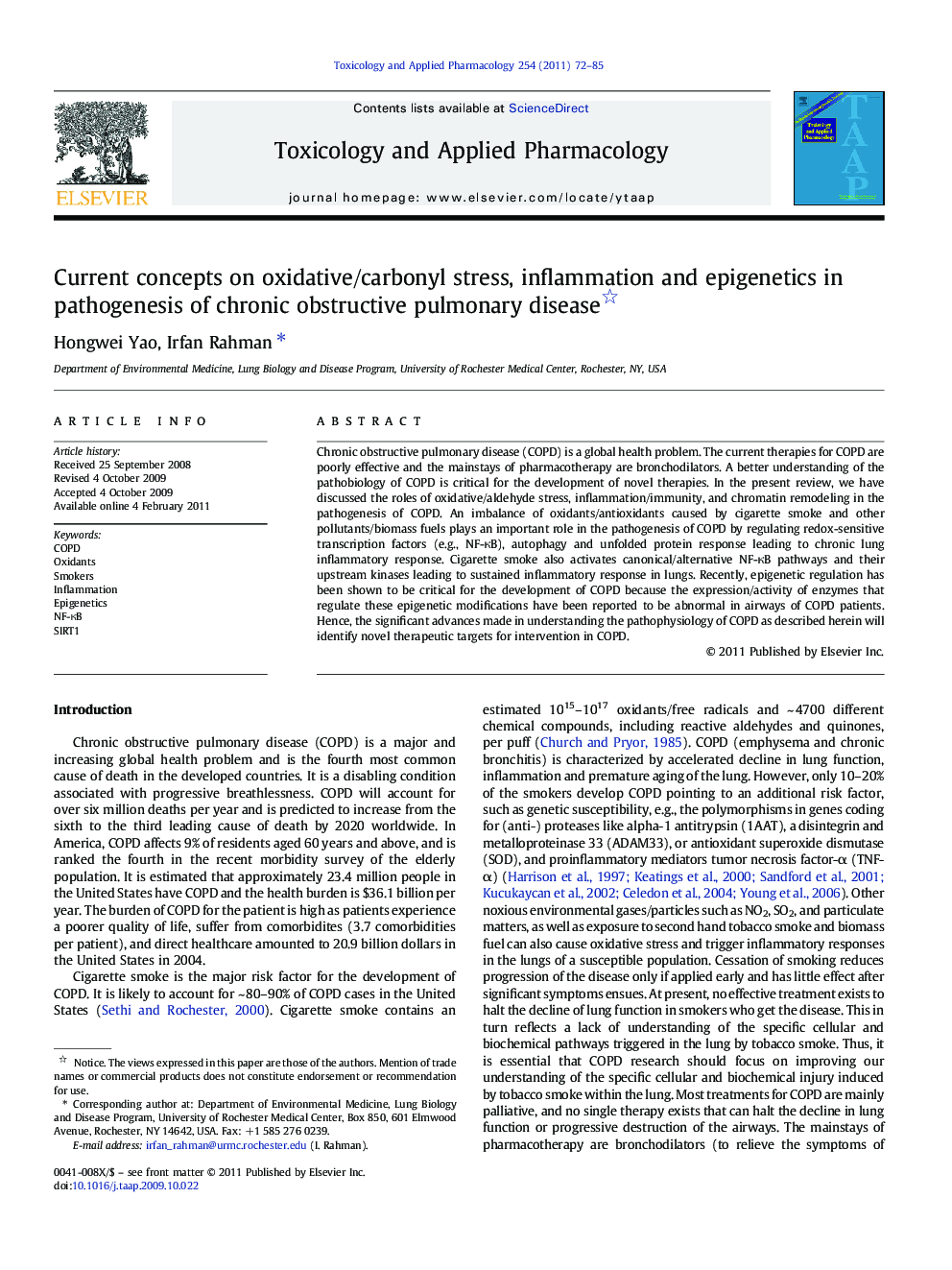 Current concepts on oxidative/carbonyl stress, inflammation and epigenetics in pathogenesis of chronic obstructive pulmonary disease 