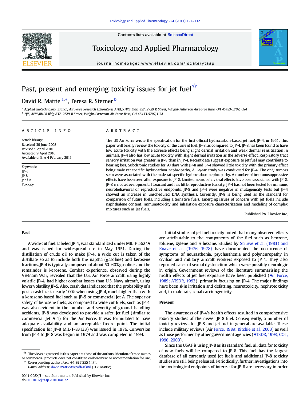 Past, present and emerging toxicity issues for jet fuel 