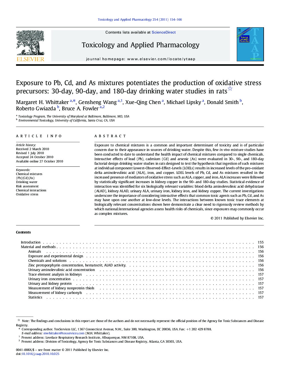 Exposure to Pb, Cd, and As mixtures potentiates the production of oxidative stress precursors: 30-day, 90-day, and 180-day drinking water studies in rats
