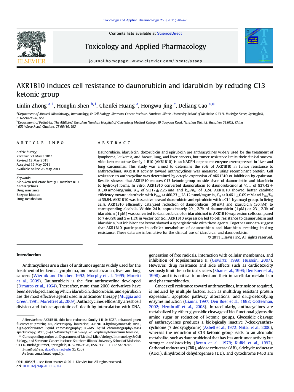 AKR1B10 induces cell resistance to daunorubicin and idarubicin by reducing C13 ketonic group