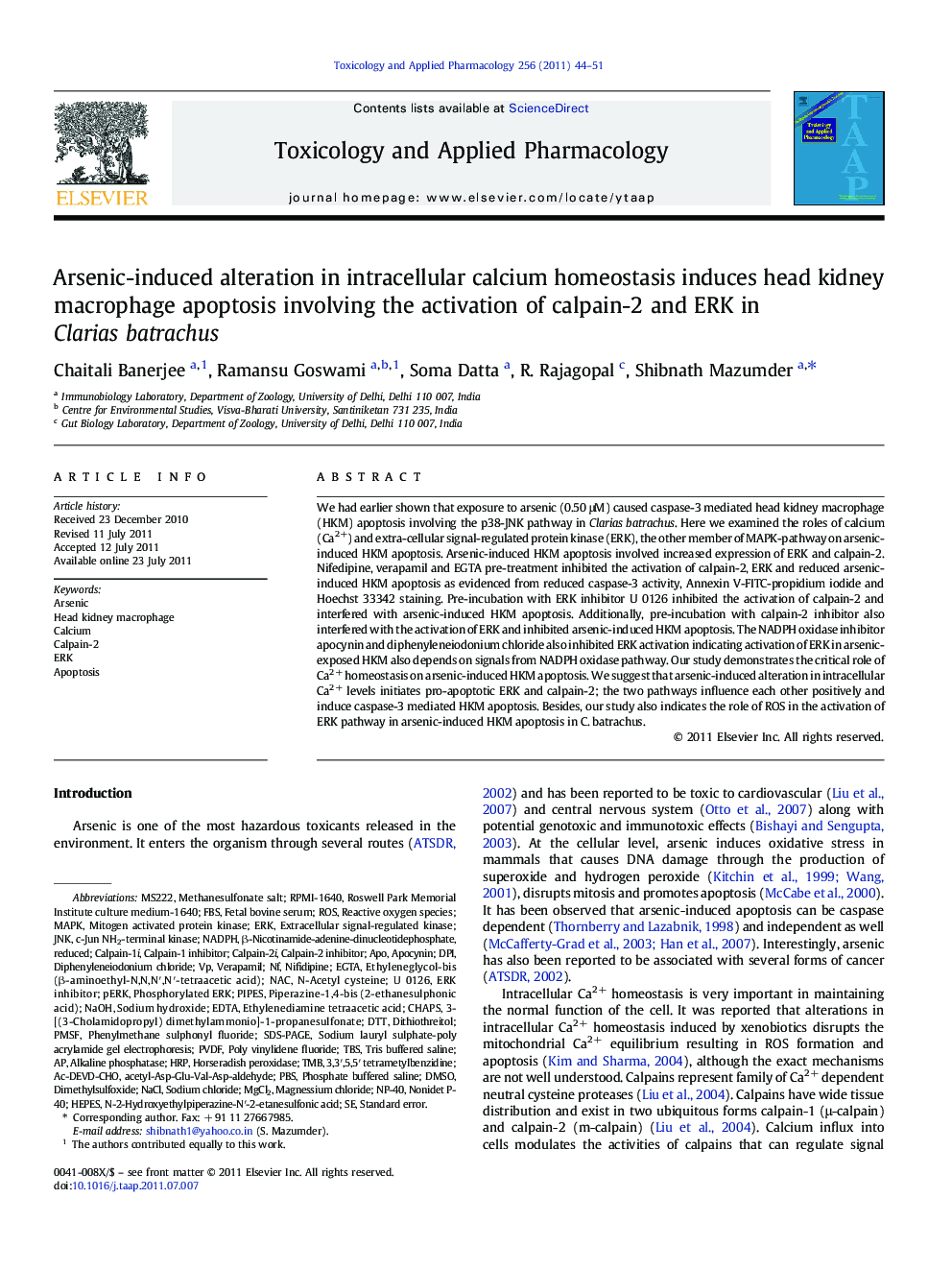 Arsenic-induced alteration in intracellular calcium homeostasis induces head kidney macrophage apoptosis involving the activation of calpain-2 and ERK in Clarias batrachus