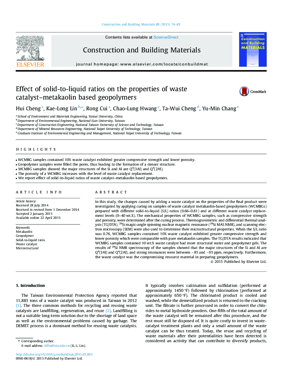 Effect of solid-to-liquid ratios on the properties of waste catalyst–metakaolin based geopolymers