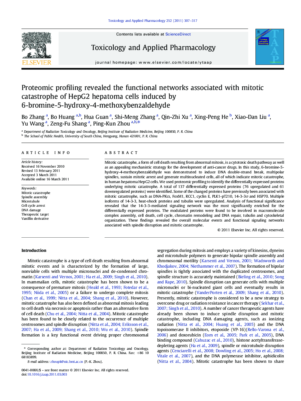 Proteomic profiling revealed the functional networks associated with mitotic catastrophe of HepG2 hepatoma cells induced by 6-bromine-5-hydroxy-4-methoxybenzaldehyde