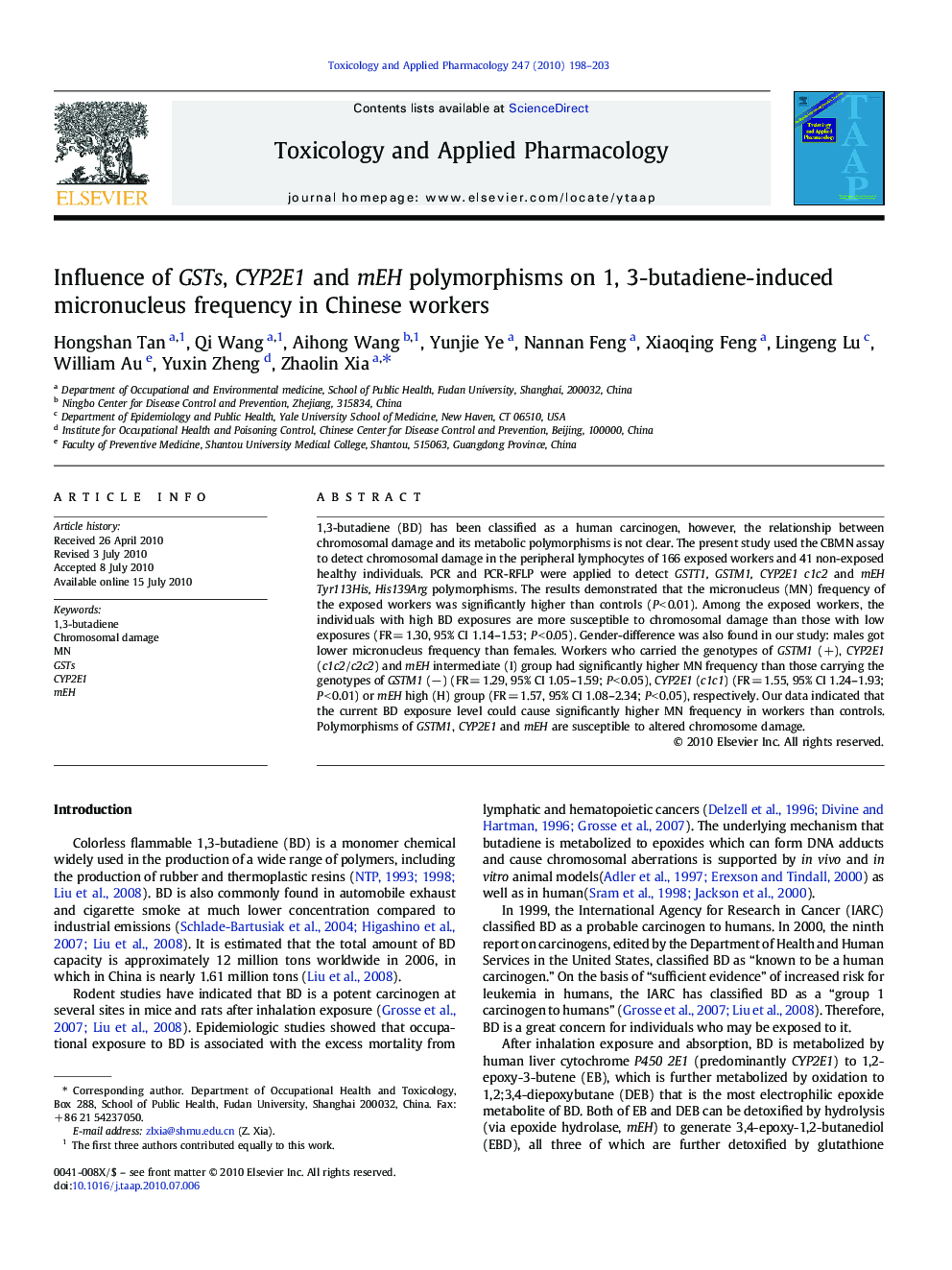 Influence of GSTs, CYP2E1 and mEH polymorphisms on 1, 3-butadiene-induced micronucleus frequency in Chinese workers