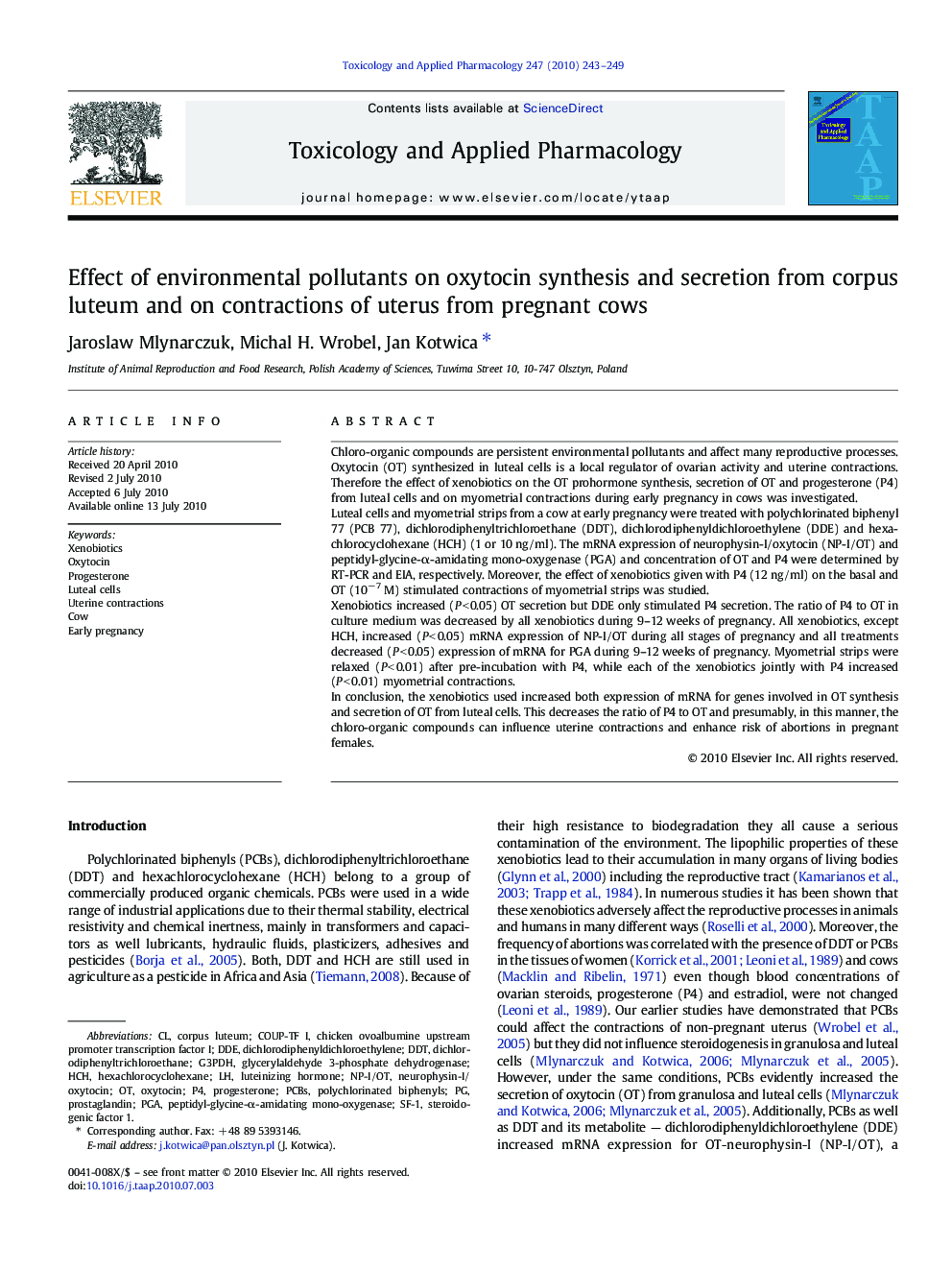 Effect of environmental pollutants on oxytocin synthesis and secretion from corpus luteum and on contractions of uterus from pregnant cows