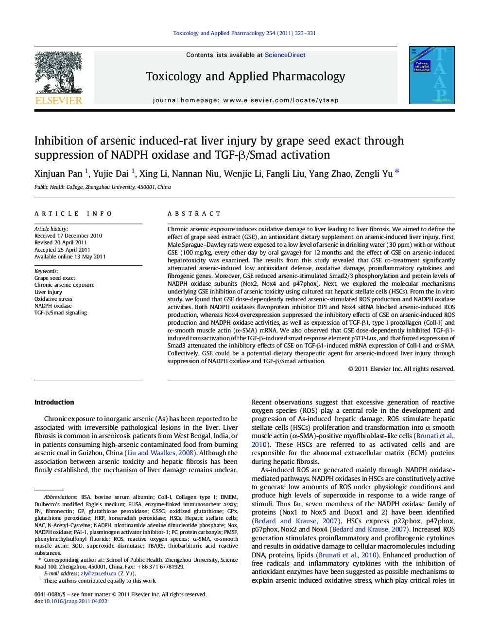 Inhibition of arsenic induced-rat liver injury by grape seed exact through suppression of NADPH oxidase and TGF-Î²/Smad activation
