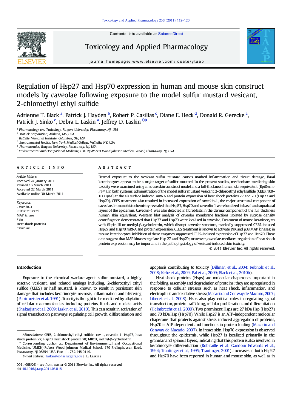 Regulation of Hsp27 and Hsp70 expression in human and mouse skin construct models by caveolae following exposure to the model sulfur mustard vesicant, 2-chloroethyl ethyl sulfide