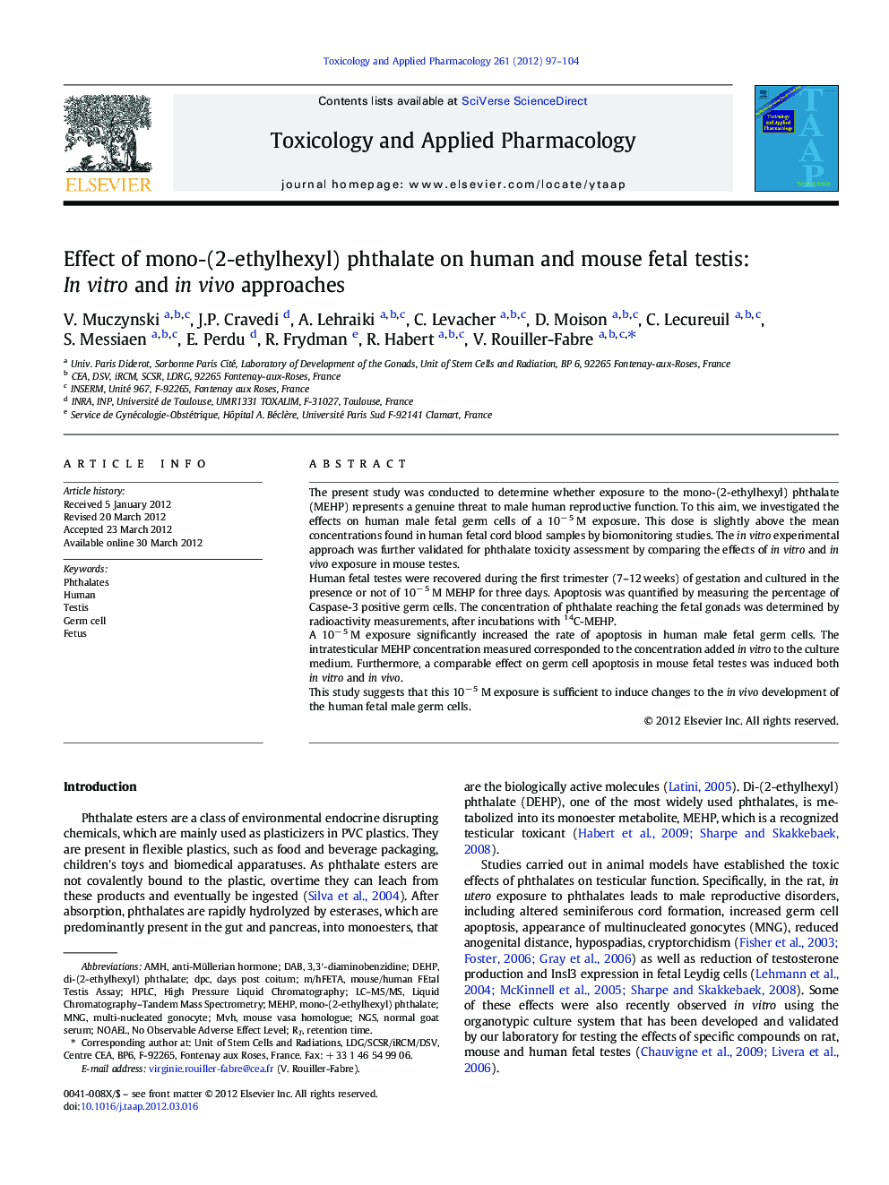 Effect of mono-(2-ethylhexyl) phthalate on human and mouse fetal testis: In vitro and in vivo approaches