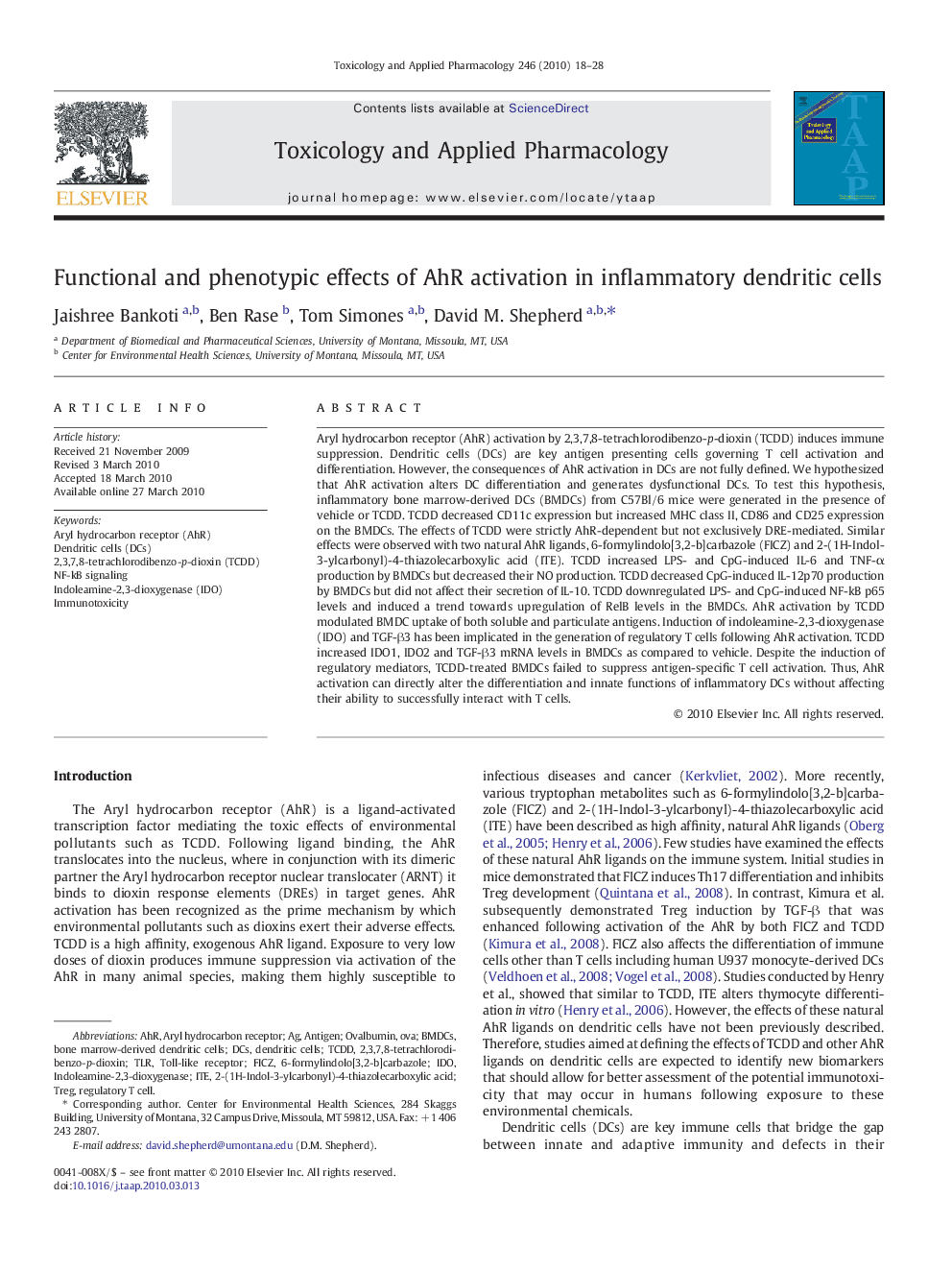 Functional and phenotypic effects of AhR activation in inflammatory dendritic cells