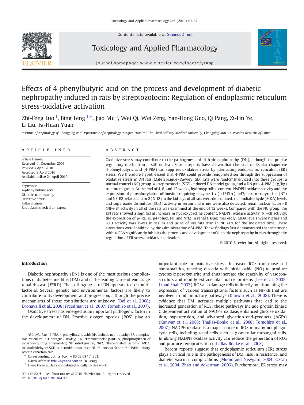 Effects of 4-phenylbutyric acid on the process and development of diabetic nephropathy induced in rats by streptozotocin: Regulation of endoplasmic reticulum stress-oxidative activation