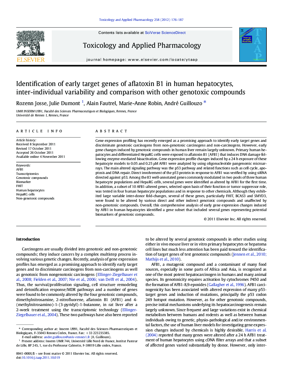 Identification of early target genes of aflatoxin B1 in human hepatocytes, inter-individual variability and comparison with other genotoxic compounds